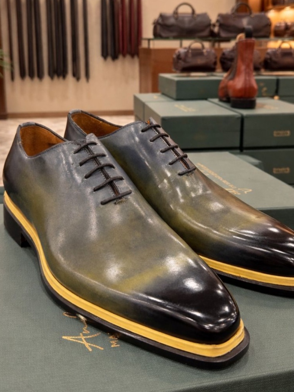 Men's Green Leather Derby Shoes with Yellow Welt
